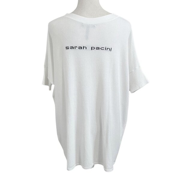 SARAH PACINI WHITE LONG SQUARE NECK BACK BLACK WRITING SHORT TEE TOP - OS - Picture 1 of 10